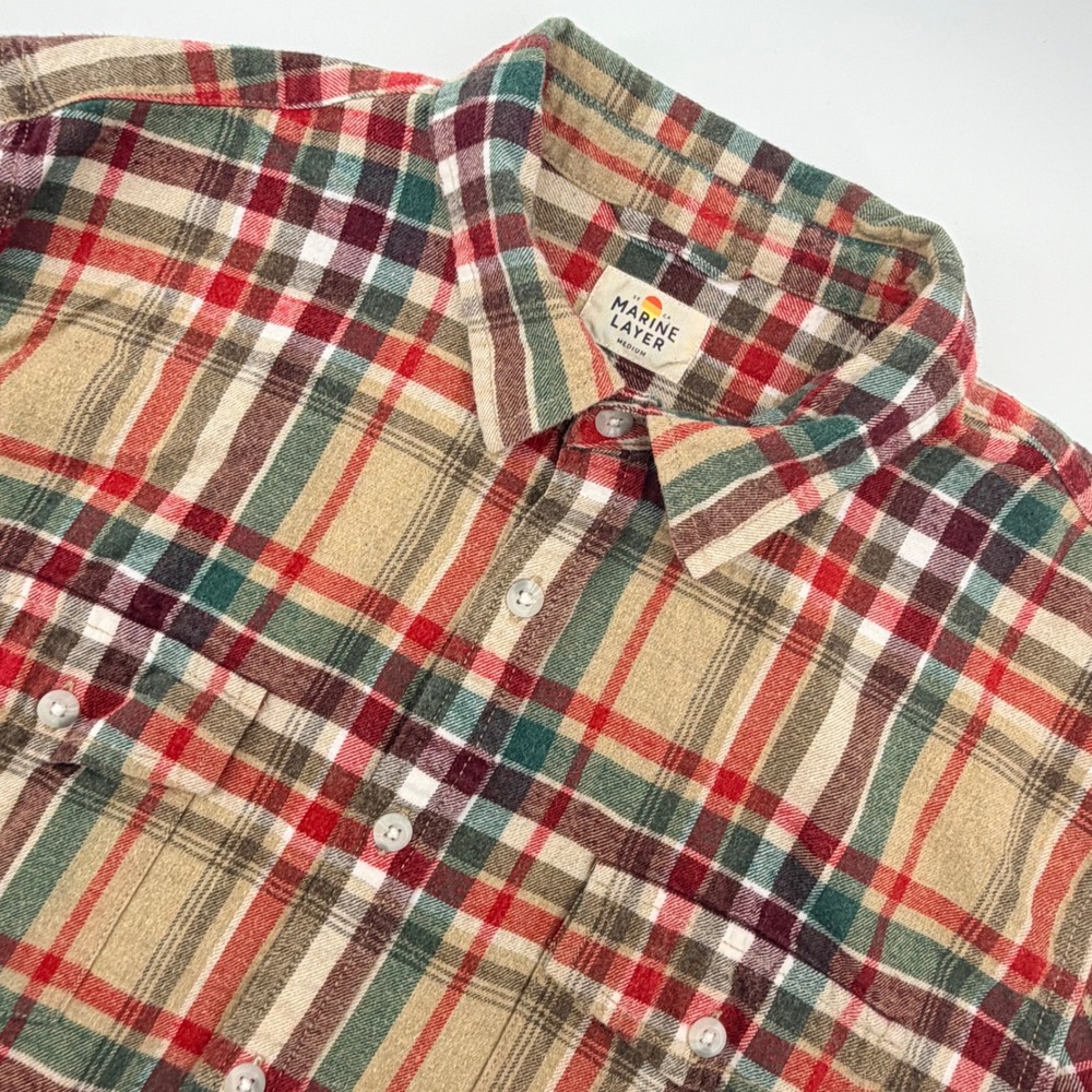 Marine Layer Flannel Shirt Mens Medium Tan Red Plaid Button Down Long Sleeve